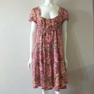 Ann Taylor Loft Sundress 12 Red Floral Tiered Empire Short Sleeve Cotton Peasant